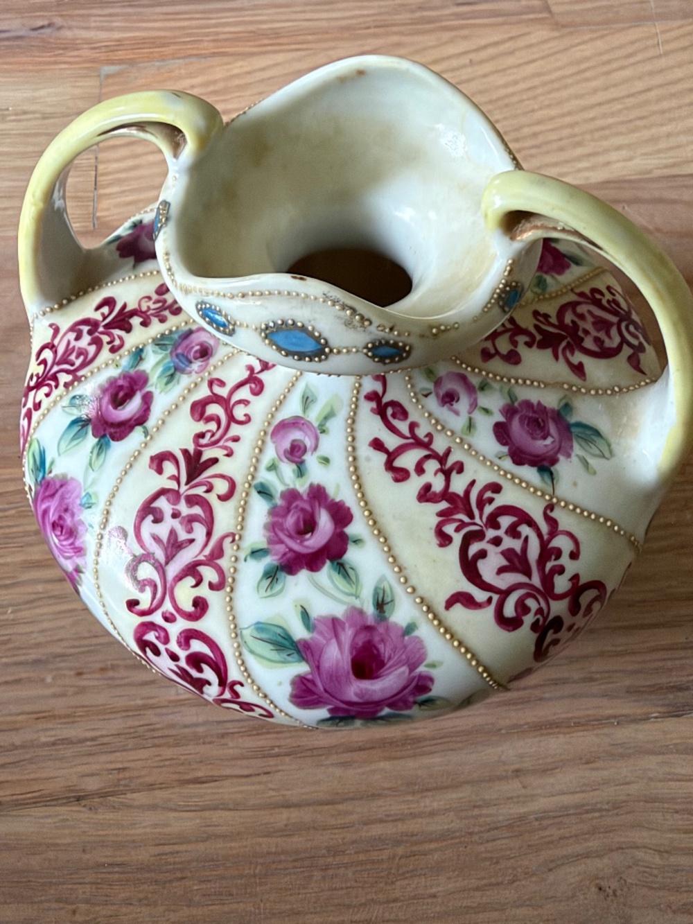 Antique Nippon Moriage Double Handled Vase Pink Roses Gold Jewels